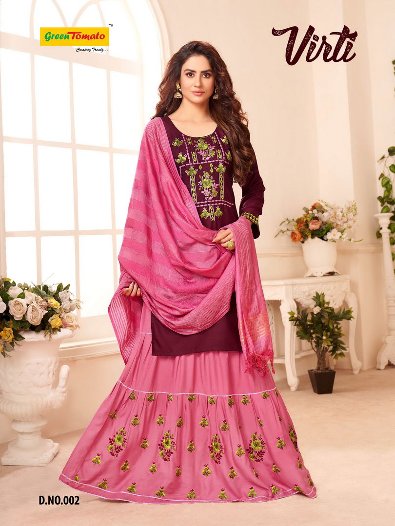 Master Virti Designer Latest Heavy Rayon Top With Embroidery Work Kurti With Skirt And Fancy Dupatta Collection